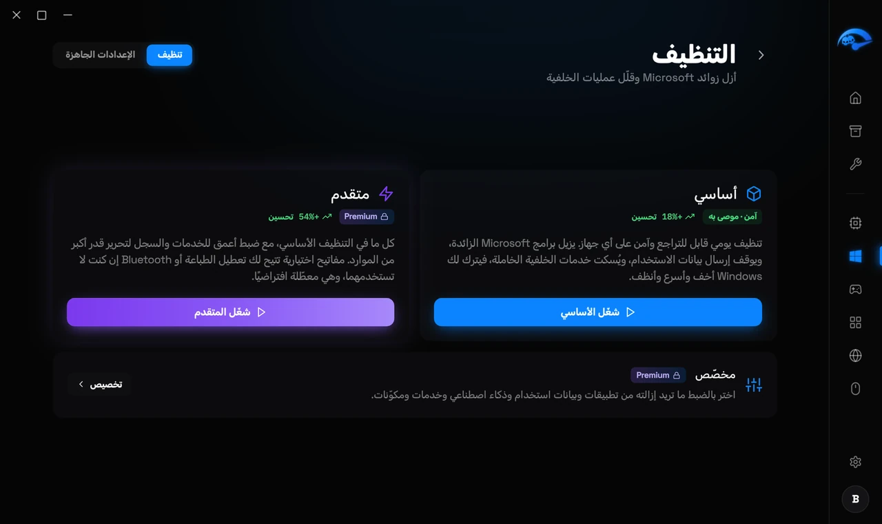 صفحة التنظيف الفرعية في RIP Tweaks مع الأساسي والمتقدم والمخصص