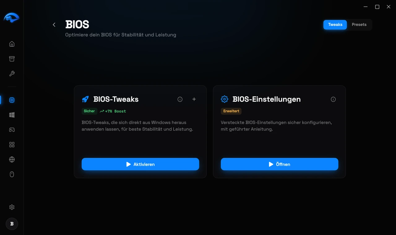 Die BIOS-Unterseite in RIP Tweaks