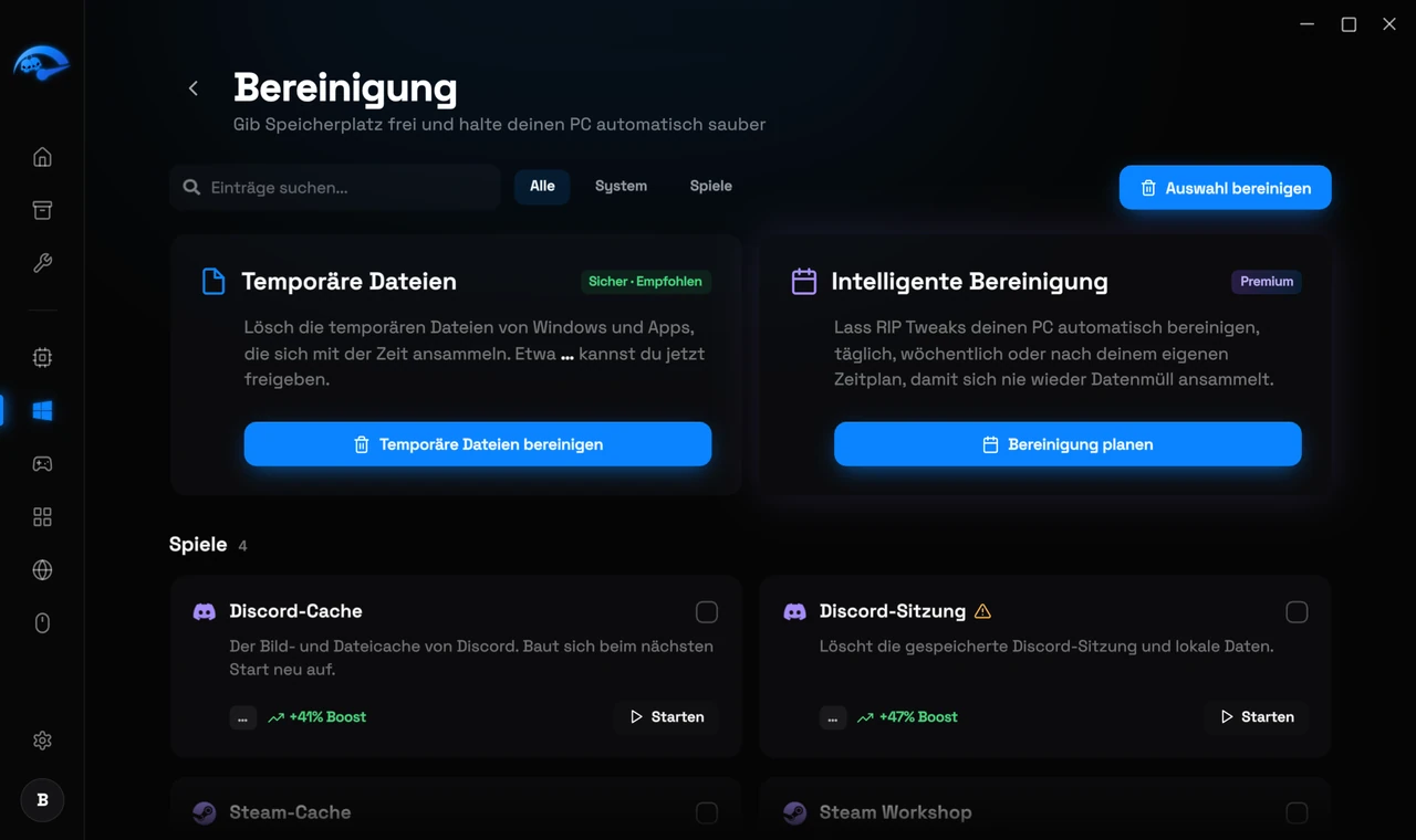 Die Cleanup-Unterseite in RIP Tweaks mit freigebbarem Speicherplatz