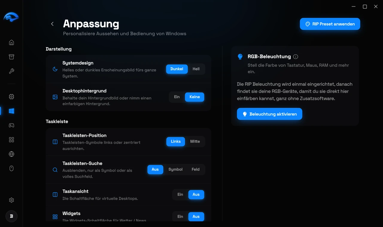 Die Customization-Unterseite in RIP Tweaks für Design und Taskleiste