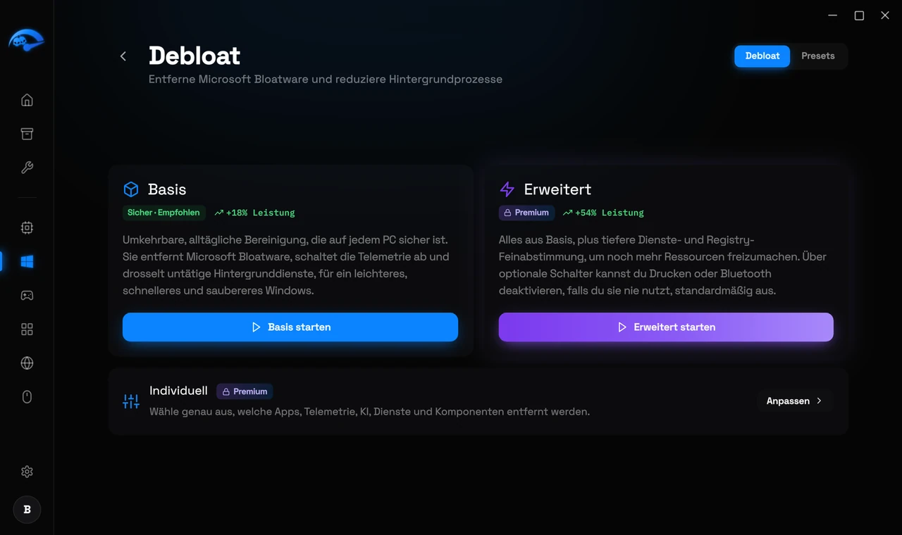 Die Debloat-Unterseite in RIP Tweaks mit Basic, Advanced und Custom
