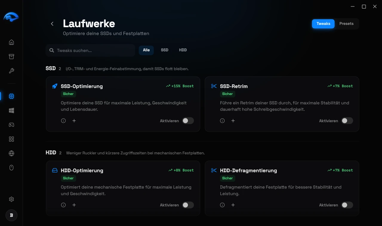 Die Drives-Unterseite in RIP Tweaks für die Abstimmung von SSD und Festplatte