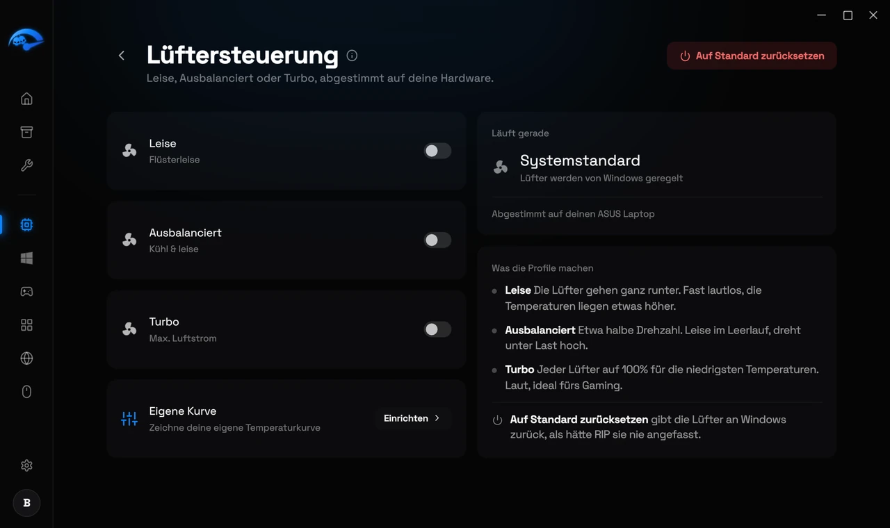 Die Fans-Unterseite in RIP Tweaks mit den Profilen Leise, Ausbalanciert und Turbo