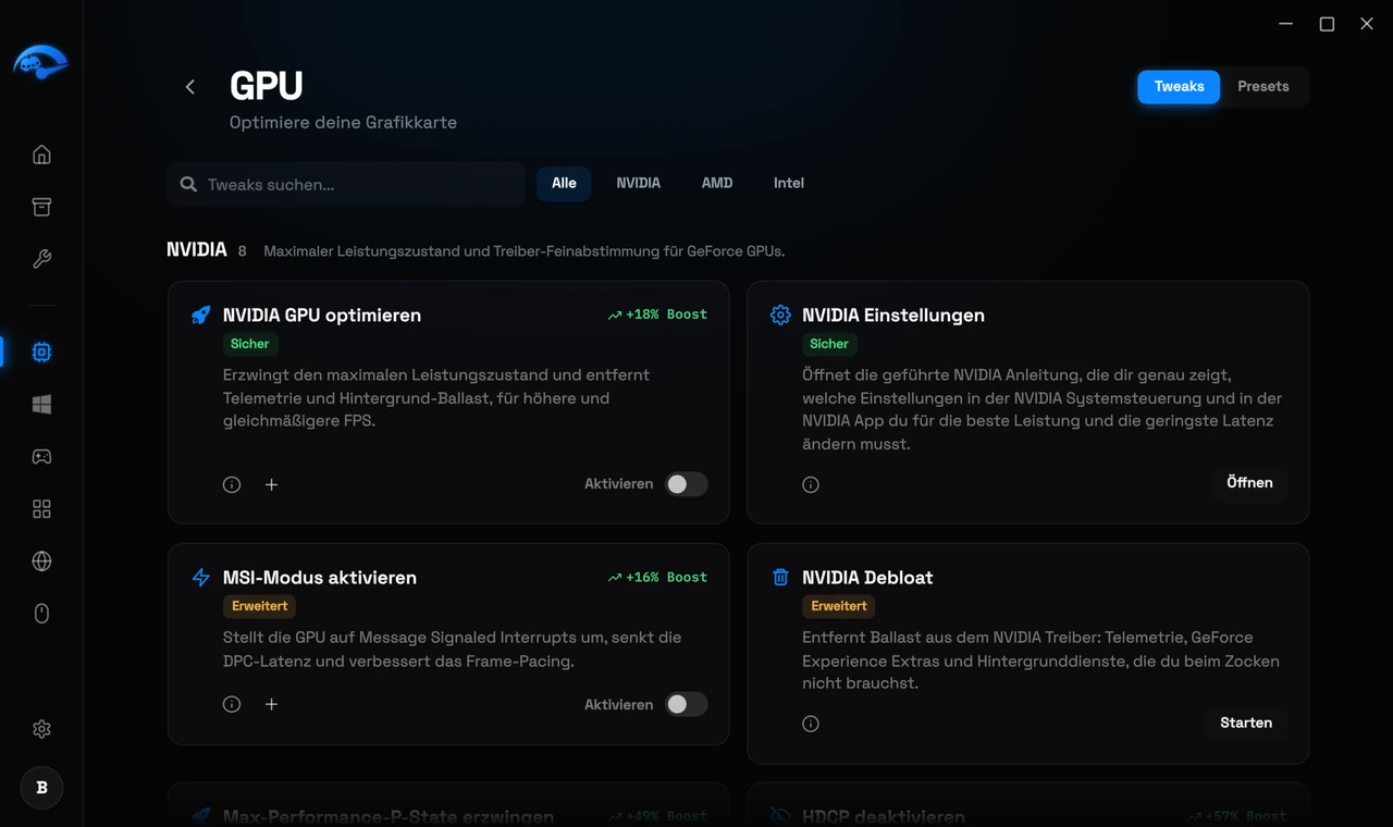 Die GPU-Unterseite in RIP Tweaks für NVIDIA, AMD und Intel