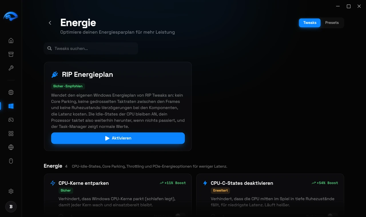 Die Power-Unterseite in RIP Tweaks mit dem RIP-Energieplan