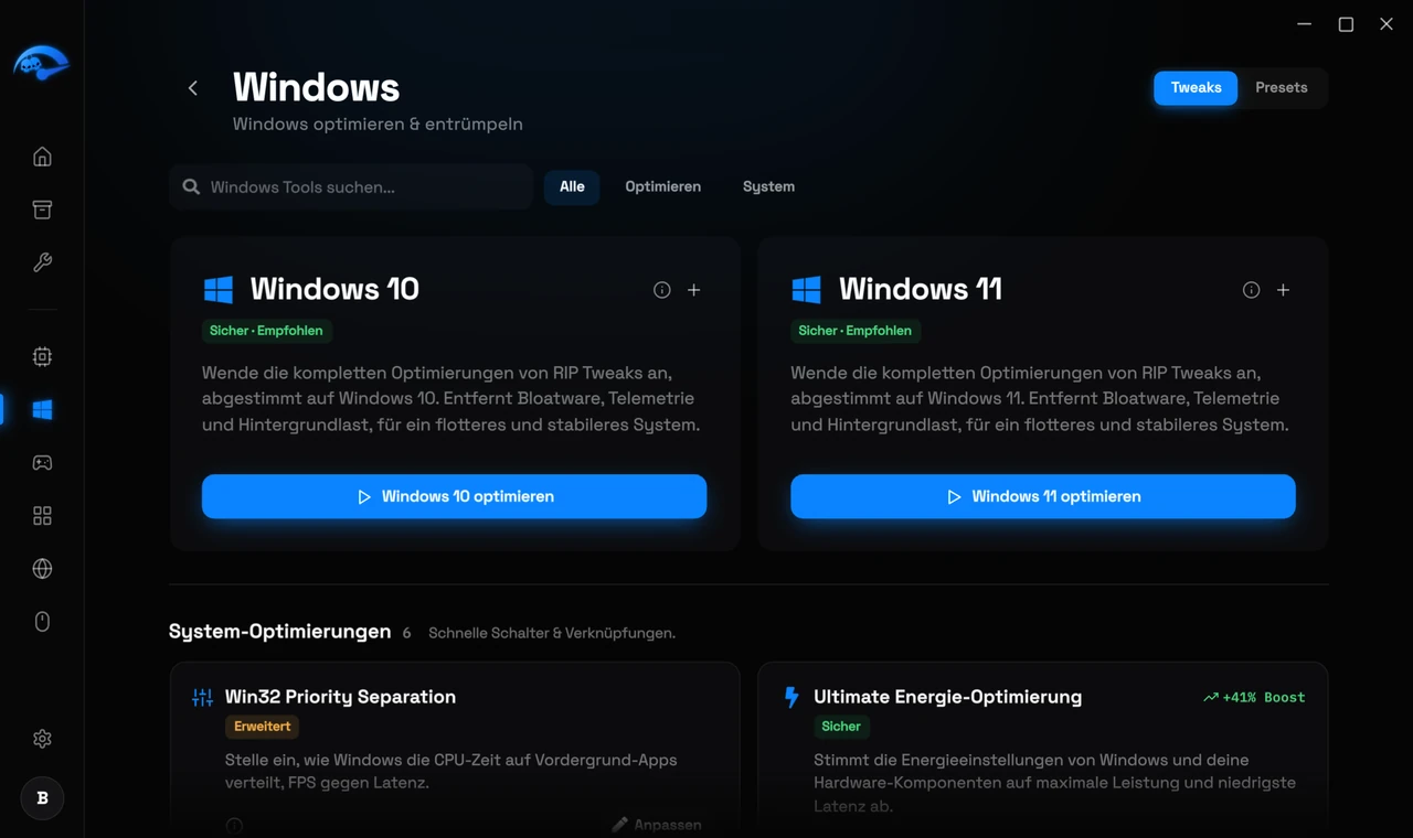 Die Windows-Unterseite in RIP Tweaks mit Autostart-Programmen und System-Tweaks