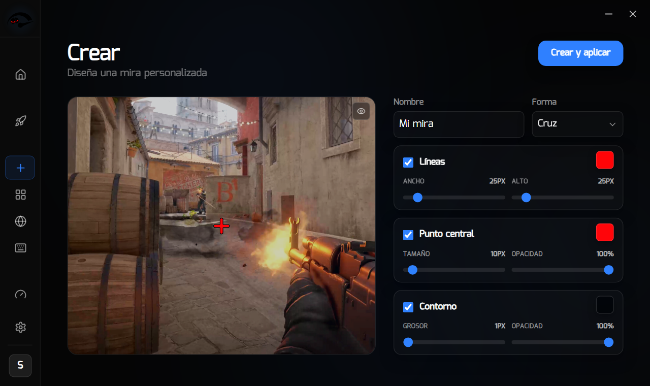 Líneas, punto central y contorno ya configurados, con la vista previa del juego en vivo
