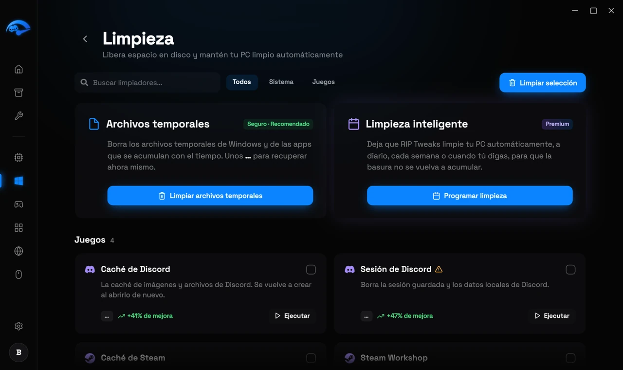 La subpágina Limpieza en RIP Tweaks mostrando el espacio en disco recuperable