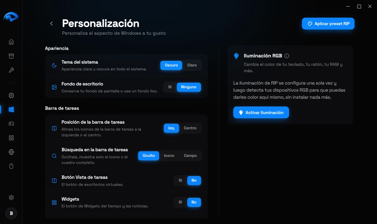 La subpágina Personalización en RIP Tweaks para el tema y la barra de tareas