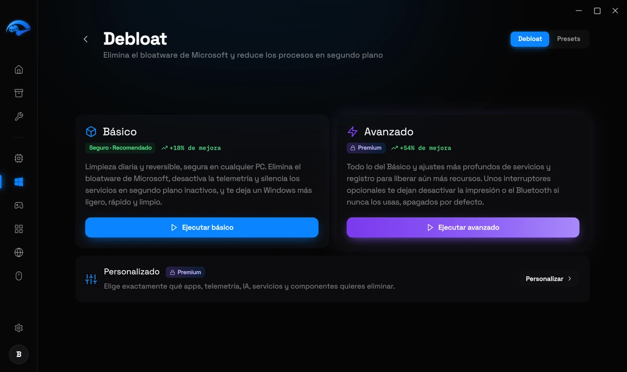 La subpágina Debloat en RIP Tweaks con Básico, Avanzado y Personalizado