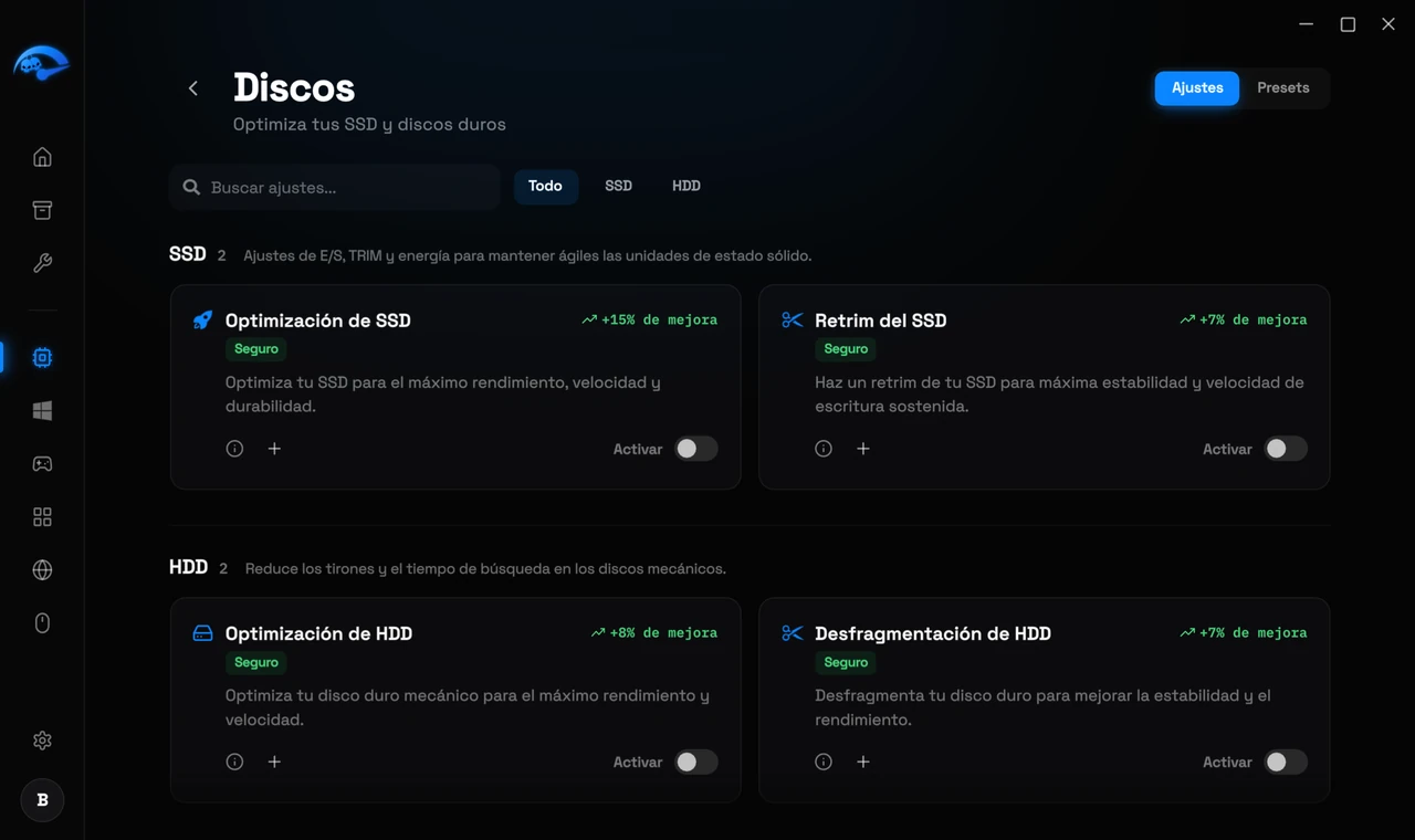 La subpágina Discos en RIP Tweaks para ajustar SSD y discos duros