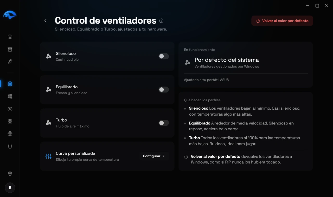 La subpágina Ventiladores en RIP Tweaks con los perfiles Silencioso, Equilibrado y Turbo