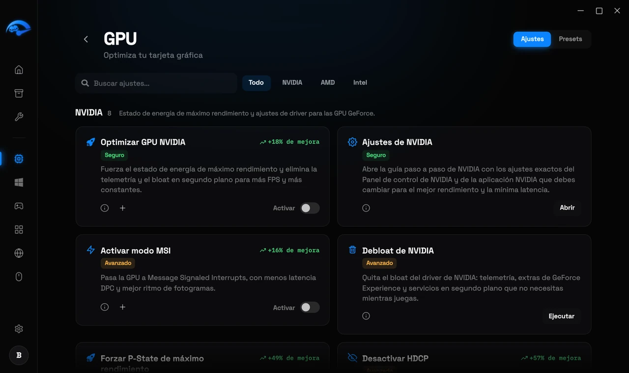 La subpágina GPU en RIP Tweaks para NVIDIA, AMD e Intel