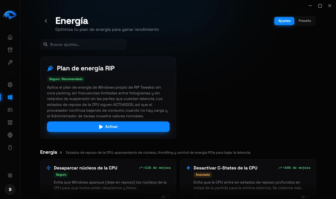 La subpágina Energía en RIP Tweaks con el plan de energía RIP
