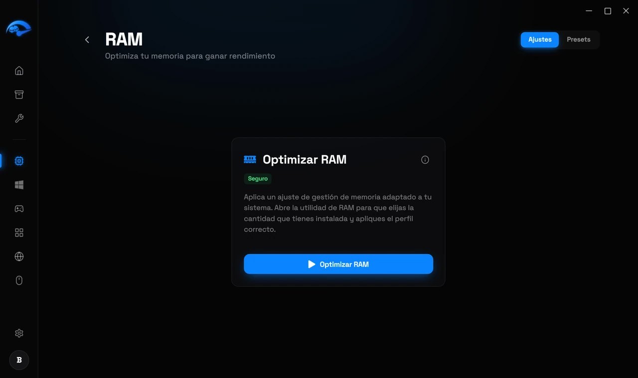 La subpágina RAM en RIP Tweaks para ajustar la gestión de memoria
