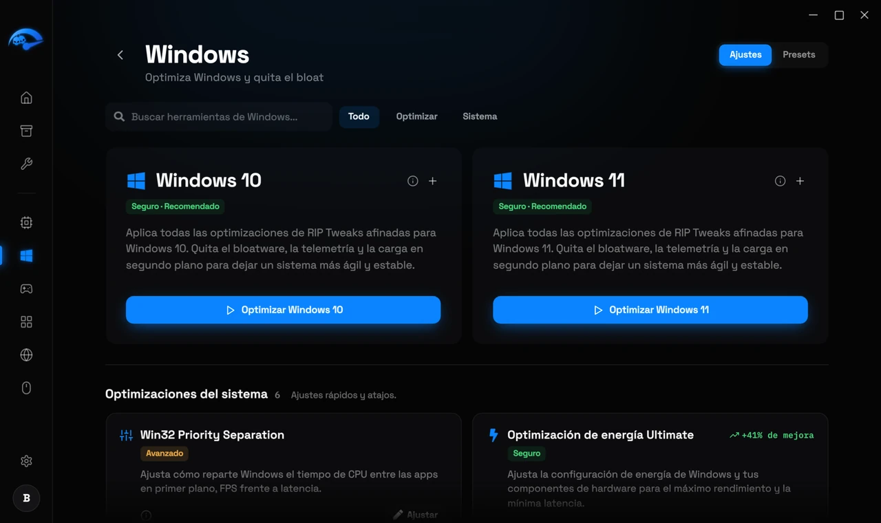 La subpágina Windows en RIP Tweaks con los programas de inicio y los ajustes del sistema