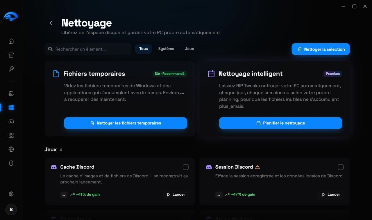 La sous-page Nettoyage dans RIP Tweaks montrant l'espace disque récupérable