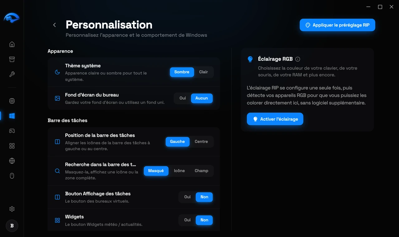 La sous-page Personnalisation dans RIP Tweaks pour le thème et la barre des tâches
