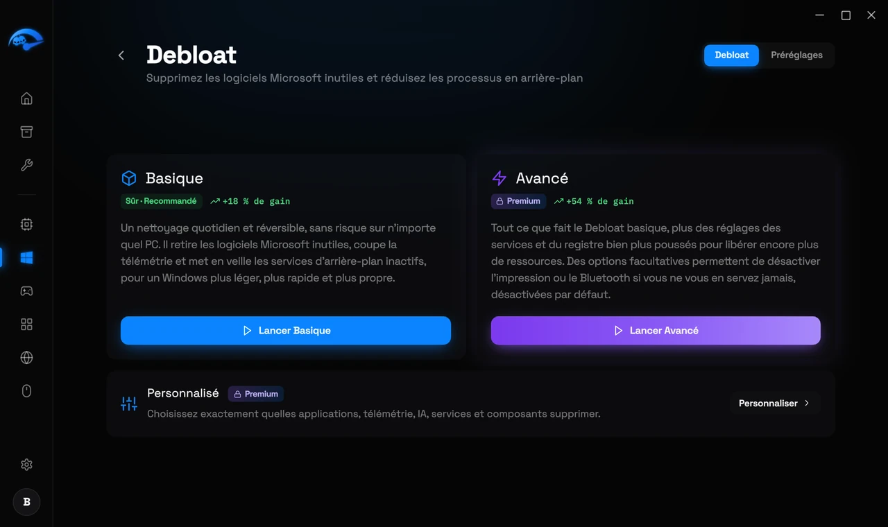 La sous-page Debloat dans RIP Tweaks avec Basique, Avancé et Personnalisé