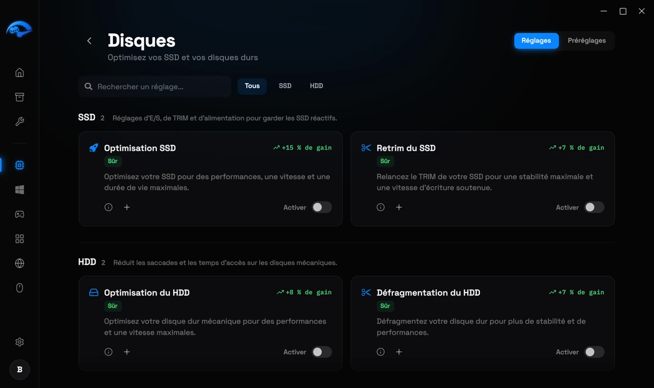 La sous-page Disques dans RIP Tweaks pour le réglage des SSD et des disques durs