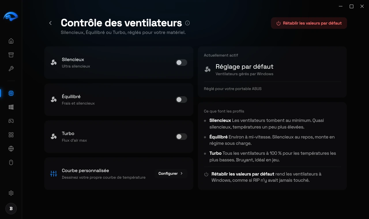 La sous-page Ventilateurs dans RIP Tweaks avec les profils Silencieux, Équilibré et Turbo
