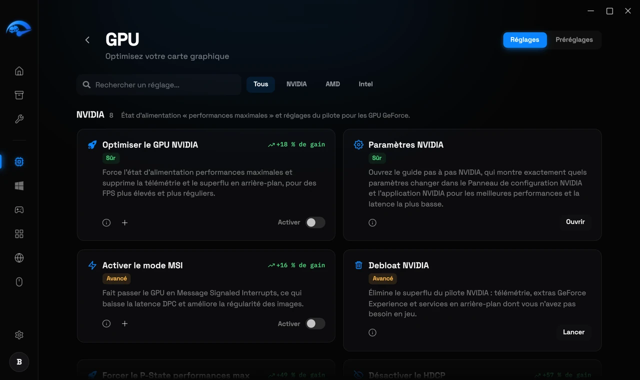 La sous-page GPU dans RIP Tweaks pour NVIDIA, AMD et Intel