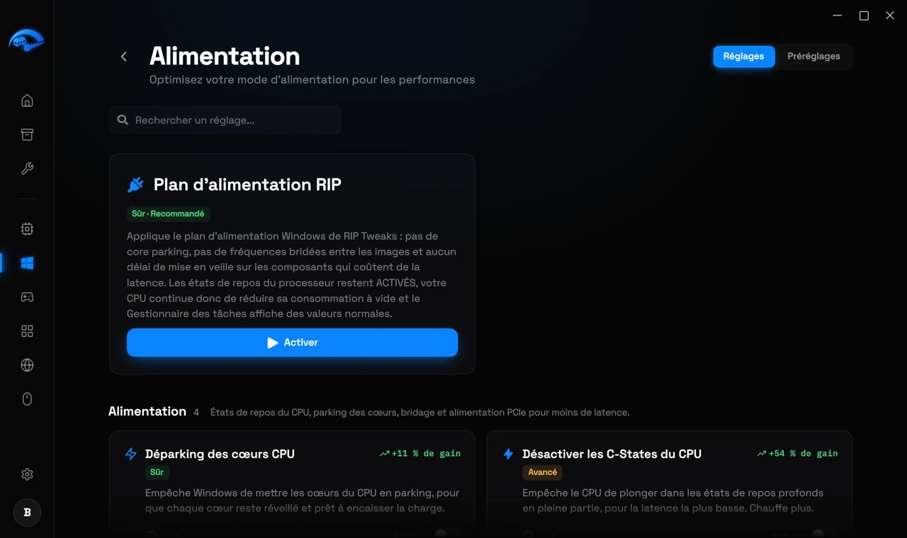 La sous-page Alimentation dans RIP Tweaks avec le plan d'alimentation RIP