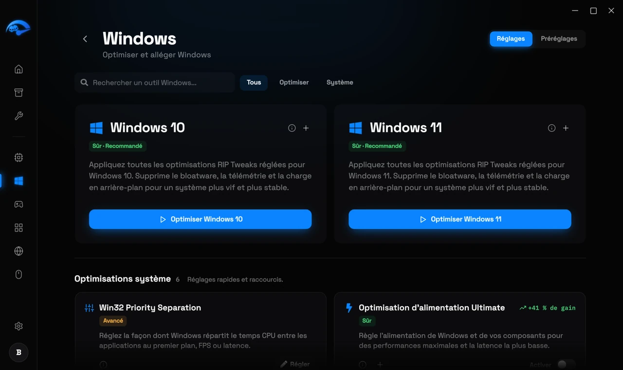 La sous-page Windows dans RIP Tweaks avec les programmes au démarrage et les tweaks système