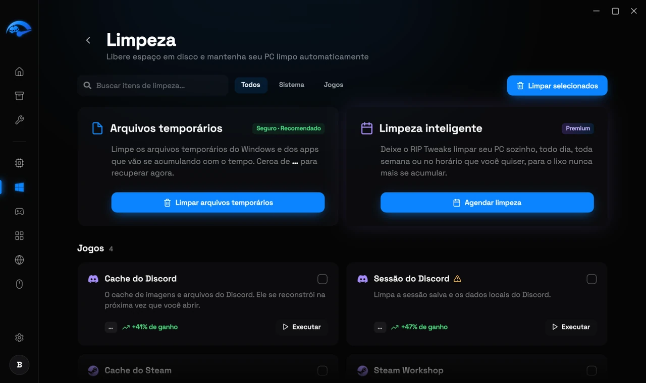A subpágina Limpeza no RIP Tweaks mostrando o espaço em disco recuperável
