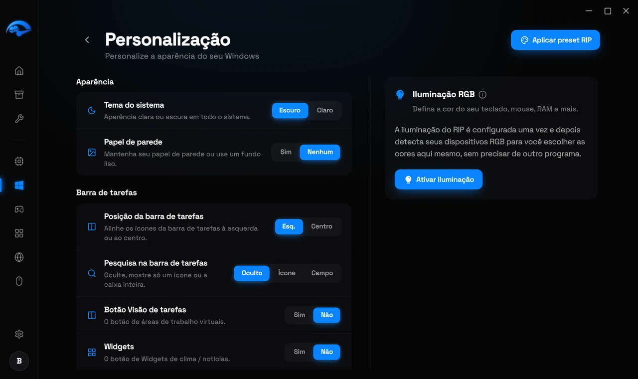 A subpágina Personalização no RIP Tweaks para tema e barra de tarefas
