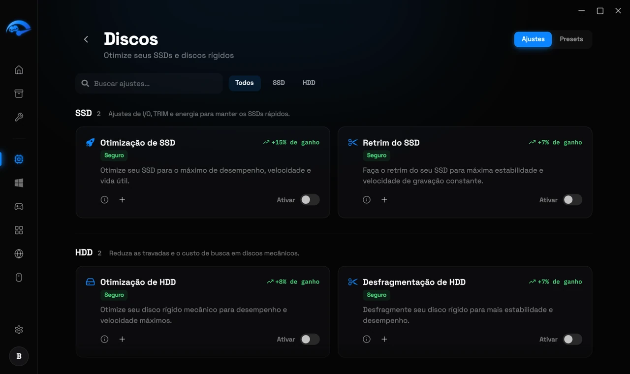 A subpágina Discos no RIP Tweaks para ajuste de SSD e disco rígido