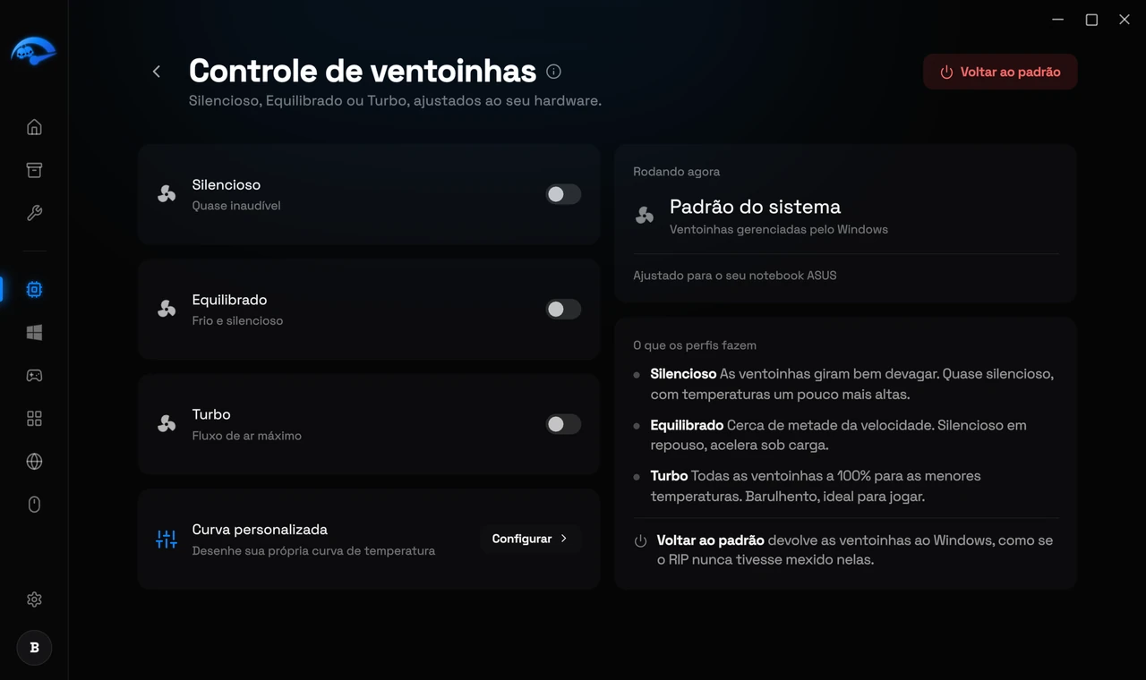 A subpágina Ventoinhas no RIP Tweaks com os perfis Silencioso, Equilibrado e Turbo