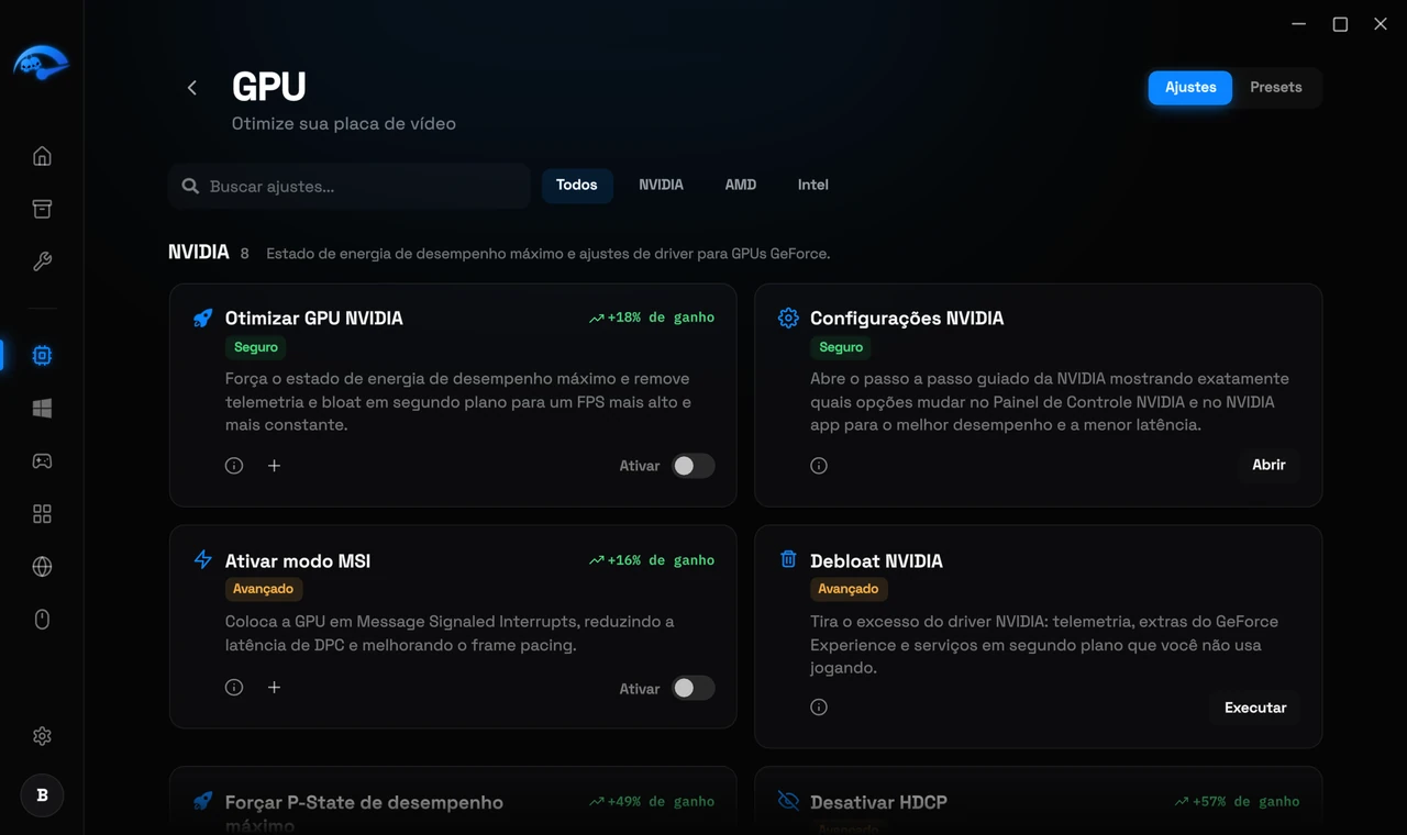 A subpágina GPU no RIP Tweaks para NVIDIA, AMD e Intel