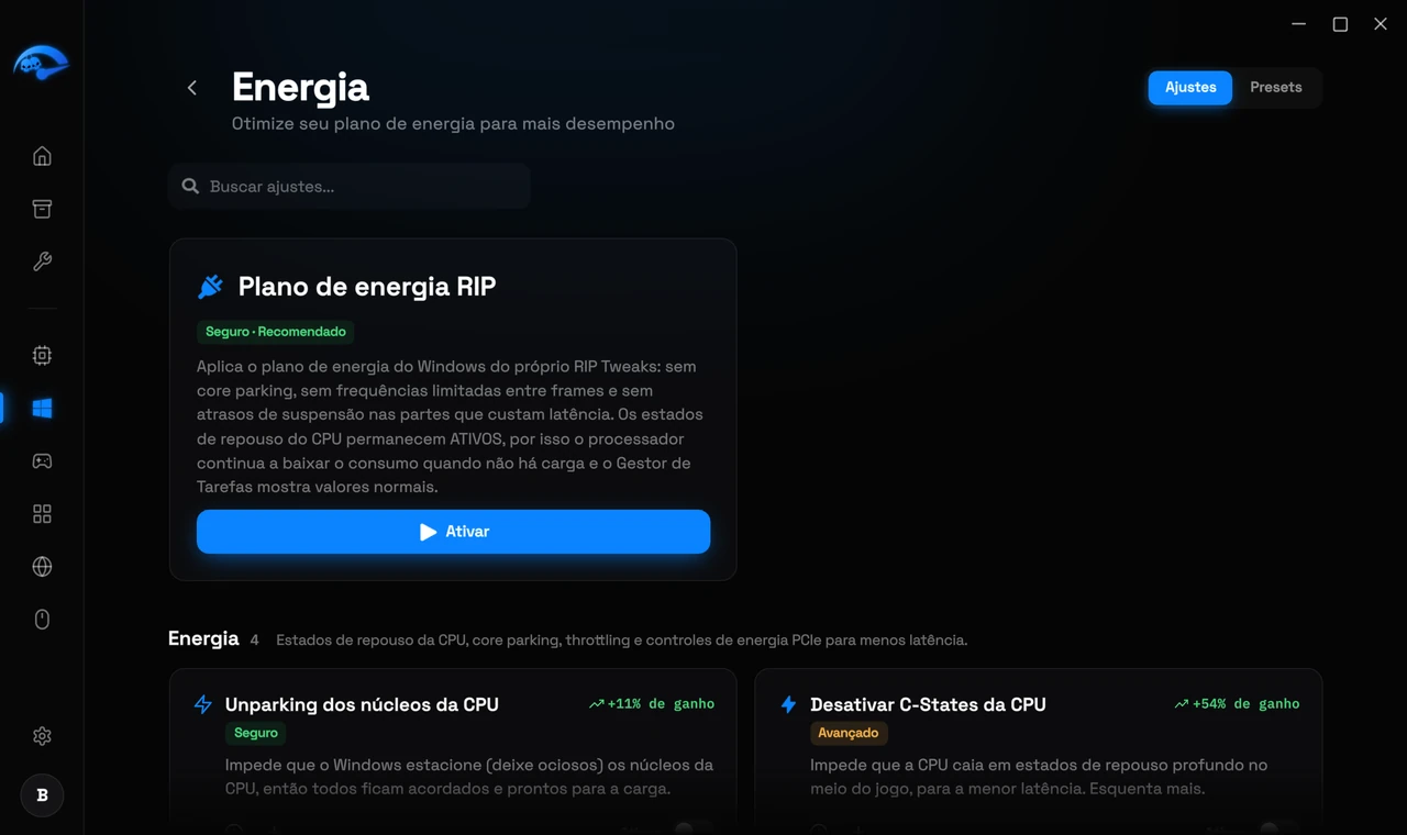 A subpágina Energia no RIP Tweaks com o plano de energia RIP