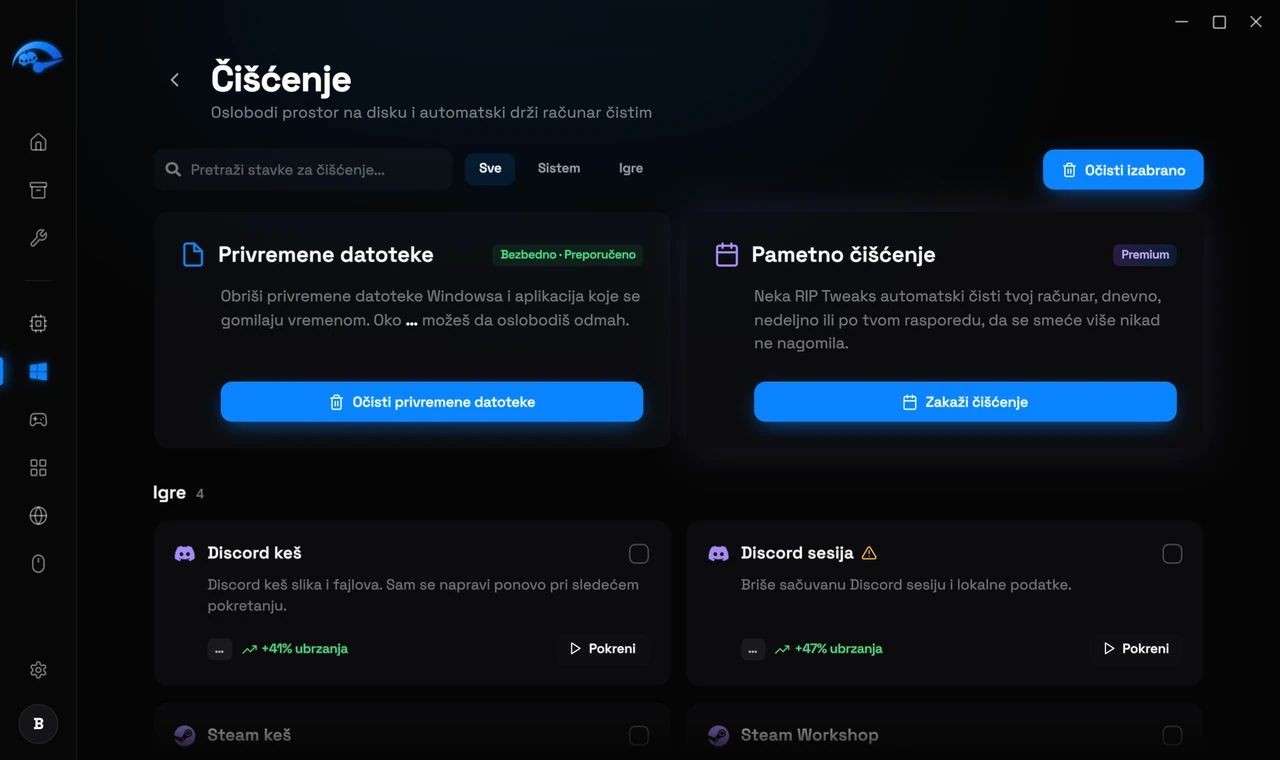 Podstranica Čišćenje u RIP Tweaks sa prikazom prostora na disku koji može da se oslobodi