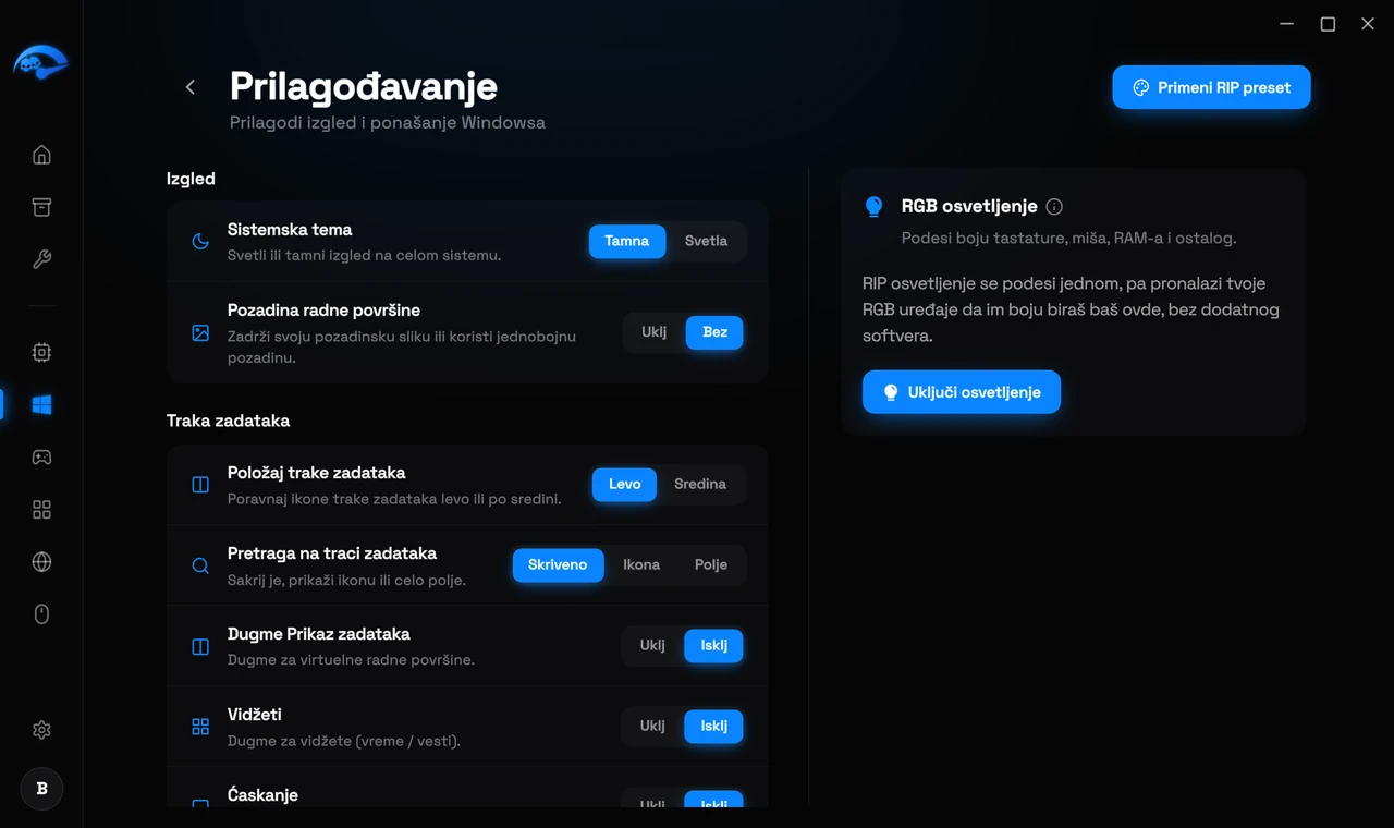 Podstranica Prilagođavanje u RIP Tweaks za temu i traku zadataka