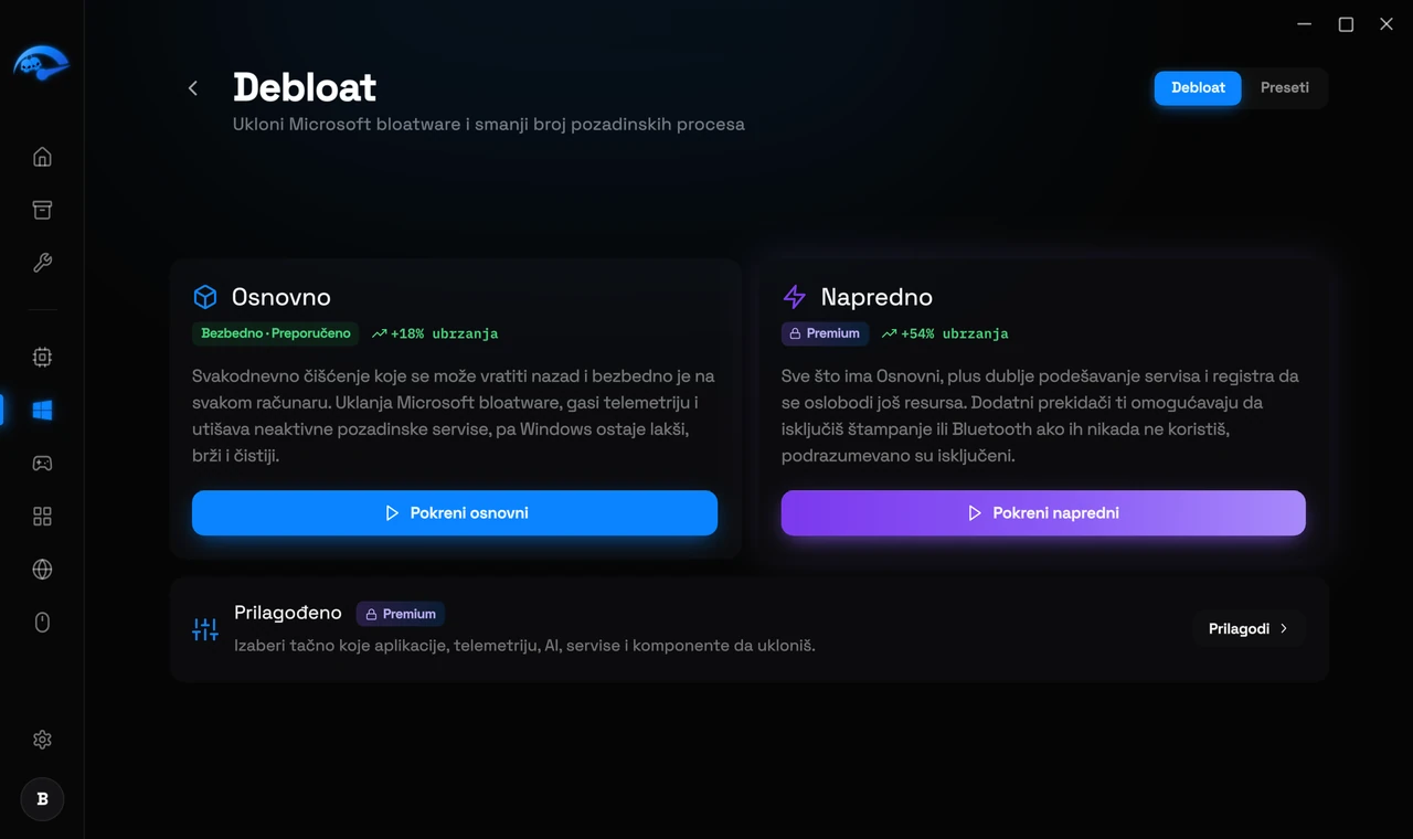 Podstranica Debloat u RIP Tweaks sa opcijama Osnovno, Napredno i Prilagođeno