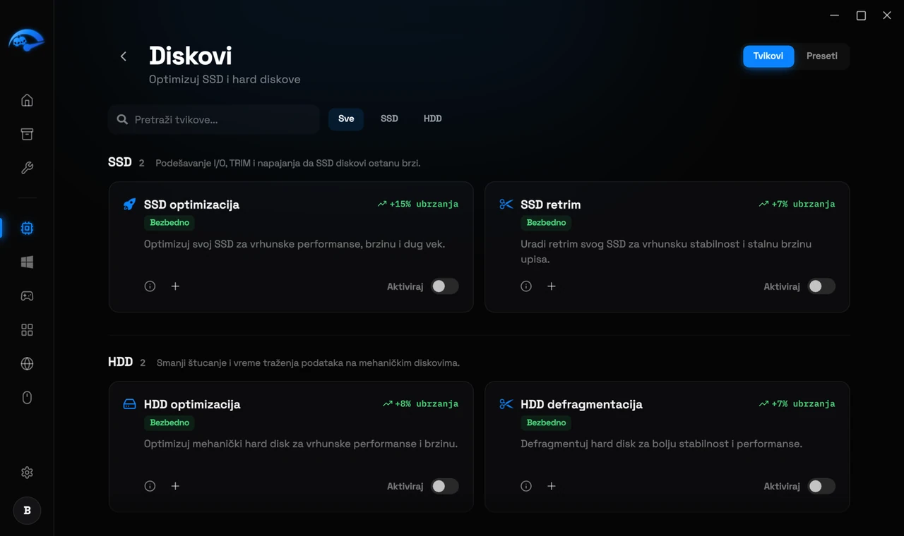Podstranica Diskovi u RIP Tweaks za podešavanje SSD i hard diskova