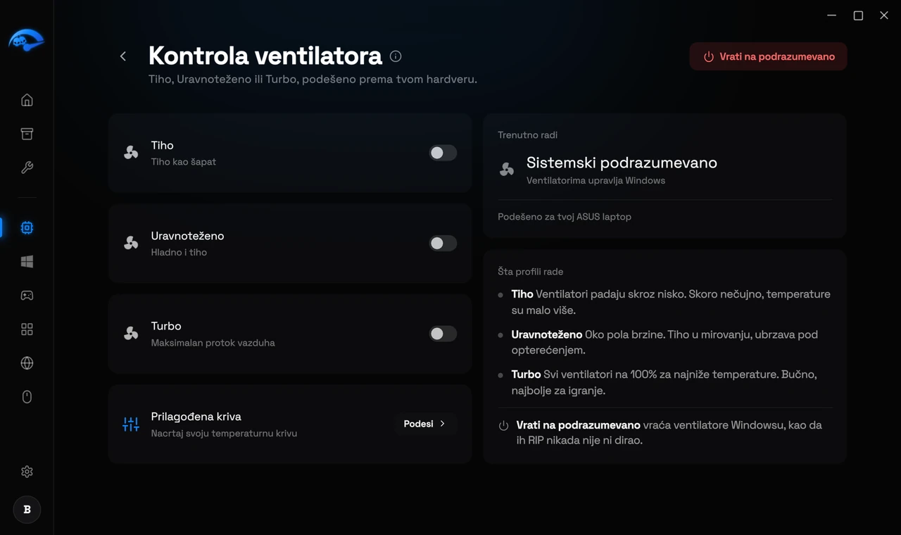 Podstranica Ventilatori u RIP Tweaks sa profilima Tiho, Uravnoteženo i Turbo