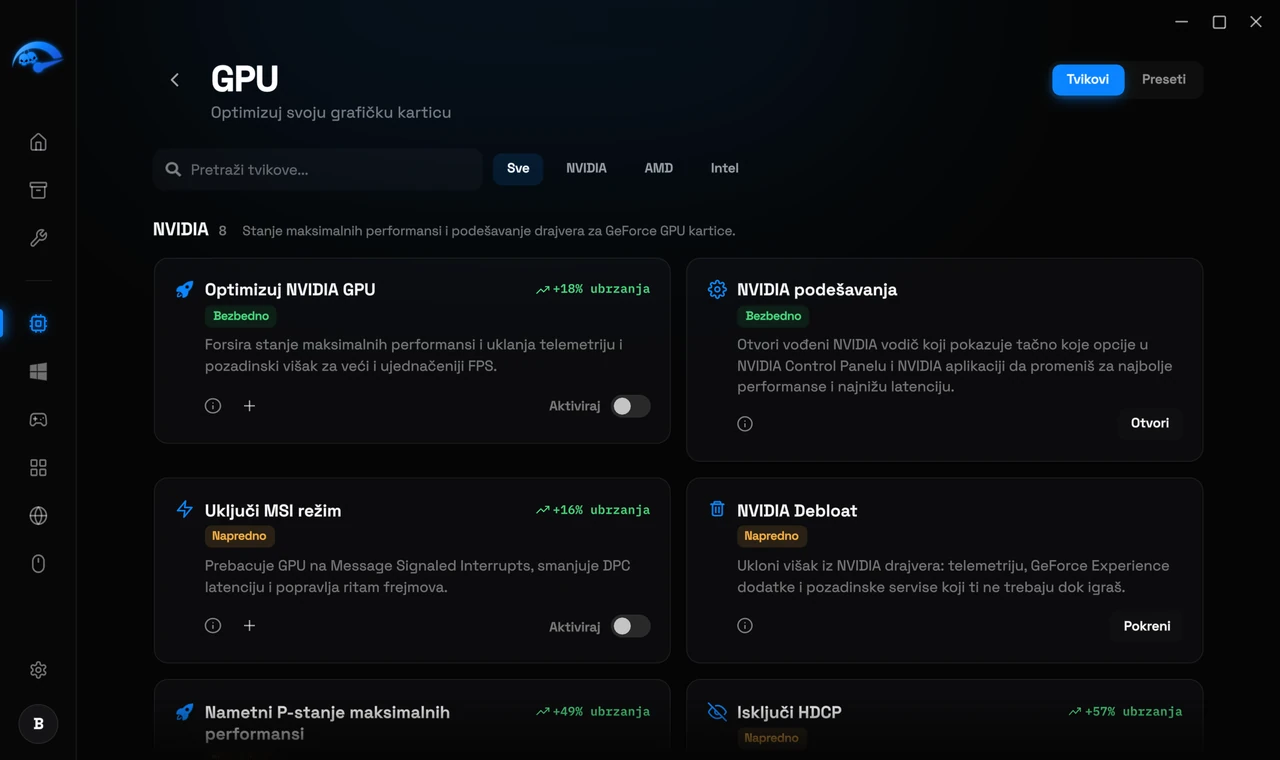 Podstranica GPU u RIP Tweaks za NVIDIA, AMD i Intel