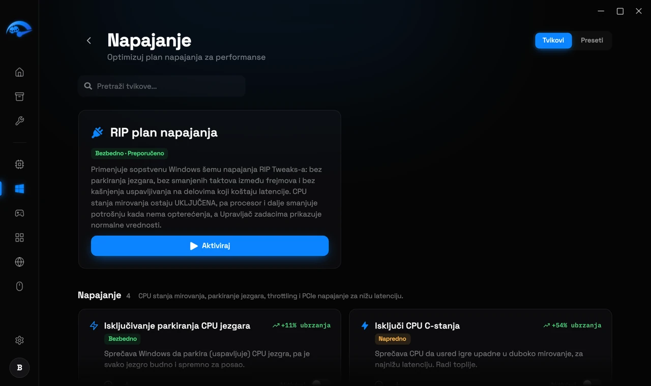 Podstranica Napajanje u RIP Tweaks sa RIP planom napajanja