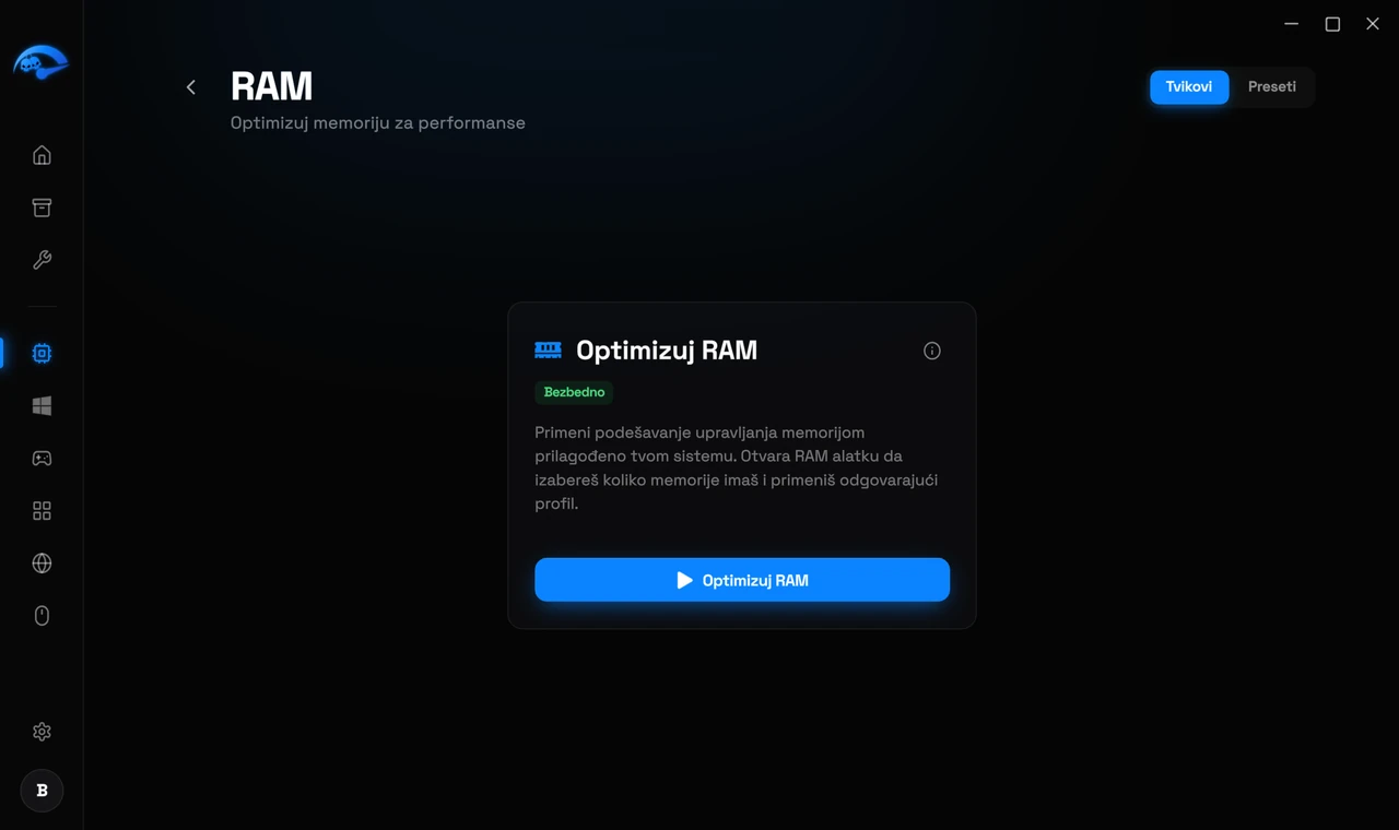 Podstranica RAM u RIP Tweaks za podešavanje upravljanja memorijom