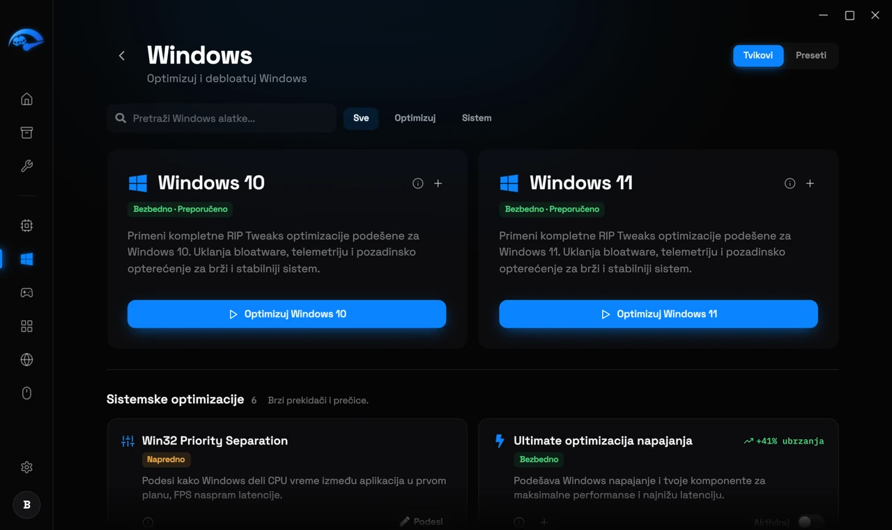 Podstranica Windows u RIP Tweaks sa programima pri pokretanju i sistemskim tvikovima